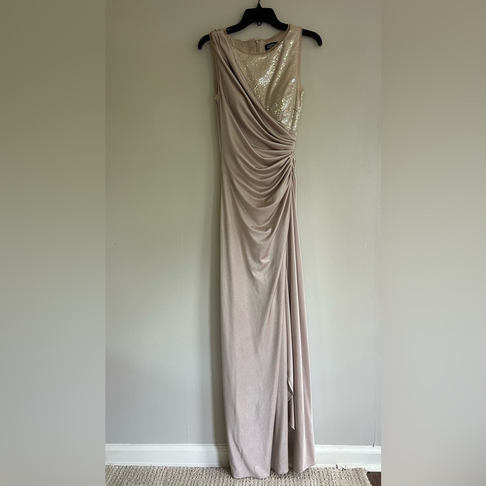 ADRIANNA PAPELL Sequin Draped Formal Gown Ethereal Greek Goddess Long Dress Sz 6 - Picture 3 of 16